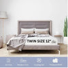 Twin size 12-inch mattress on a modern upholstered bed, designed for airflow, cooling, and pressure relief.