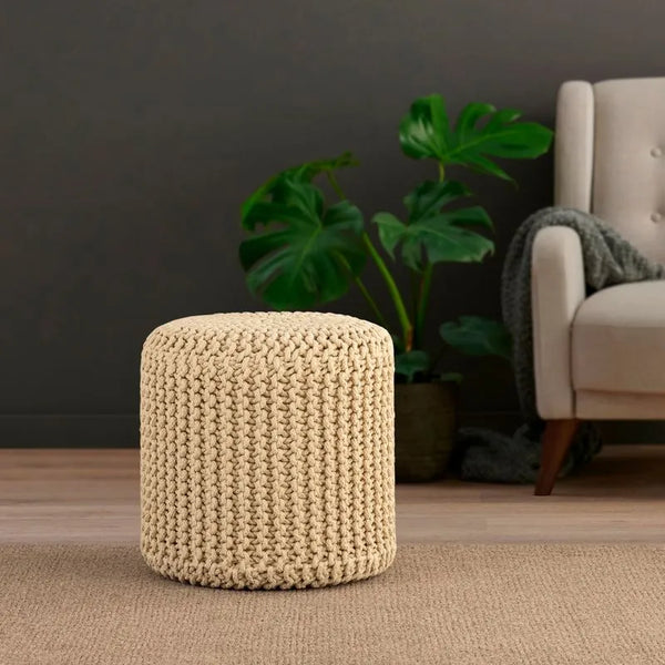 Albany Living Cylindrical Knitted Pouf Made with Soft Cotton - Ivory