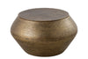 Round metallic bronze coffee table with intricate dotted patterns, featuring a wide, curved base and a smooth, flat tabletop