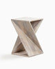 Rustic twisted wood end table in light whitewash finish, featuring a unique geometric X-shape design, ideal for modern or farmhouse decor.