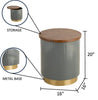 Dimensions and features of a gray side table with a ribbed body, wooden top, hidden storage, and a gold metal base, 16x20 inches.