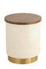 White cylindrical side table with a smooth wooden top and a gold base, ideal for modern interiors, adding elegance and functionality.