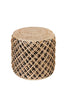 Handcrafted natural jute pouf with black crisscross details, eco-friendly seating or decor accent, ideal for rustic or modern interiors.