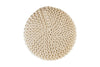 Top view of a beige knitted pouf with a circular, handwoven pattern, showcasing its uniform texture and cozy design.