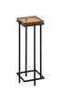 Modern accent table with a square resin top featuring a unique wood grain design, supported by a sleek black metal frame and base.