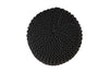 Top-down view of a black knitted cotton pouf showcasing a tightly woven pattern, offering both texture and elegance for home decor.