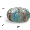 Round patchwork pouf measuring 24 inches in diameter and 8 inches in height, featuring teal, orange, and gray fabric panels with texture.