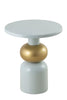 Mint-colored accent table with a round top, golden sphere accent in the center, modern design, ideal for contemporary interiors.