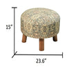 Vintage-style ottoman with intricate floral patterns, sturdy wooden legs, and dimensions of 15 inches high by 23.6 inches wide.