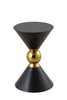 Black accent table with a gold spherical centerpiece, featuring a dual cone-shaped design, suitable for modern home decor.