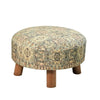 Round teal-colored multicolored teal stool with intricate patterns and sturdy wooden legs, perfect for adding charm to any living space.