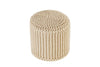 Angled view of a beige knitted pouf with intricate vertical patterns, offering a stylish and functional addition to any living space.