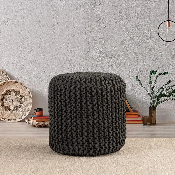 Albany Living Cylindrical Knitted Pouf Made with Soft Cotton - Dark Gray