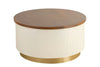 Modern round coffee table with a wooden top, cream-colored ribbed base, and golden accent, ideal for contemporary living spaces.