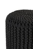 Close-up of a black knitted cotton pouf with a textured pattern, highlighting its tightly woven design for modern seating or decor.