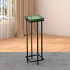 Albany Living T505 drink table with green glass top, black metal frame, set on a light wood floor with beige curtains and natural light.