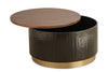 Modern round coffee table with a dark ribbed base, gold metallic bottom, and wooden lift-top revealing hidden interior storage space.