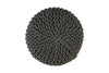 Top view of a dark gray knitted cotton pouf with intricate braided texture, displaying a circular pattern for a cozy home accessory.