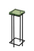 Modern accent table with a square green glass top and a sleek black iron frame, featuring a minimalist square base for contemporary decor