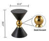 Black modern accent table with gold spherical detail, dimensions 20.5” height and 13.5” diameter, elegant design with bold accents.