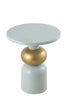 Round accent table in mint color with a smooth circular top, gold metallic spherical centerpiece, and sturdy base for modern interiors.