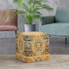 Decorative pouf with intricate yellow and teal patterns, crafted from polyester chenille, ideal for living rooms or cozy spaces.