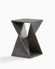 Gray wooden accent table with a modern twisted hourglass design, showcasing smooth edges and a textured surface for contemporary decor.