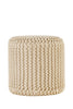 Beige knitted pouf with a cylindrical shape and textured vertical patterns, providing a cozy and versatile seating or decor option.