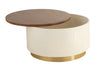 Modern coffee table with a wood top that opens to reveal storage, featuring a ribbed cream base and gold accent for elegance.