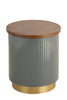 Elegant cylindrical side table with a gray ribbed design, gold metallic base, and smooth wooden top, perfect for modern interiors.