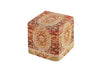 Colorful vintage-patterned cube pouf featuring red and yellow tones, perfect for adding charm and functionality to your decor.