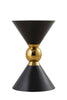 Black accent table with a gold spherical centerpiece, featuring a dual cone-shaped design, suitable for modern home decor.