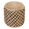 Round jute pouf with intricate black lattice design, eco-friendly and versatile, perfect for seating or accent decor in modern homes.