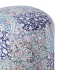 Close-up view of round pouf showcasing detailed floral and paisley patchwork in blue and green hues with intricate stitching patterns.