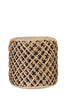 Decorative jute pouf with intricate black crisscross pattern, eco-friendly and versatile, perfect for seating or accent decor in any room.