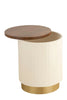 White cylindrical storage table with an open wooden lid and a gold base, offering modern design and practical storage for any space.