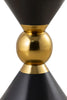 Close-up view of a black accent table with a gold spherical centerpiece, showcasing its sleek modern design and elegant finish.