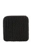 Front view of a black knitted cotton cube pouf, showcasing its textured design, suitable for modern living spaces or casual seating.