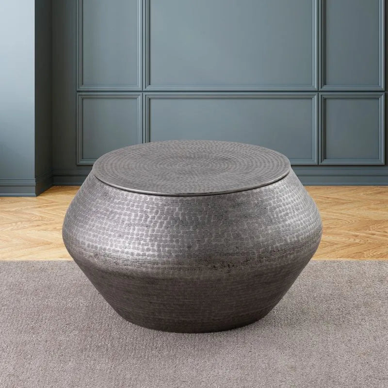 Albany Living T5203 Drum Coffee Table with Storage in Gray finish, with a textured, round design perfect for contemporary decor.