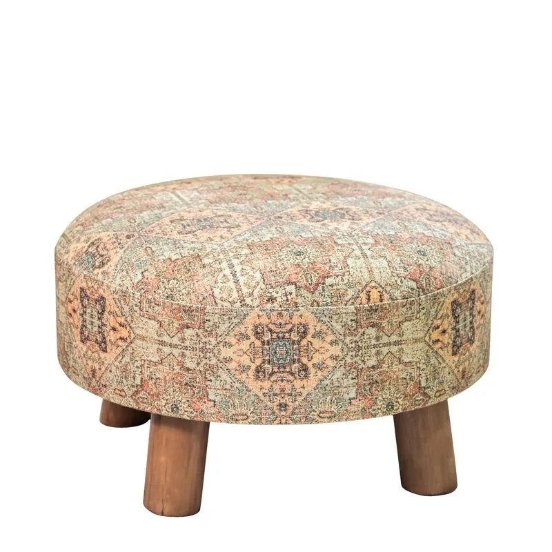 Albany Living 23 Multicolored Ethnic Stool brown with bamboo legs, showcasing rustic charm and intricate patterns in a cozy living space.