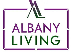 Albany Living logo in purple and green with a stylized 'A' above the brand name, framed by a thin purple border.