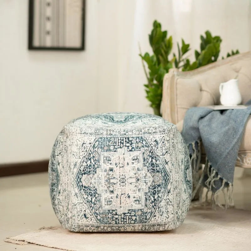 Vintage-style pouf in a blue and white pattern, crafted with 100% cotton, enhancing the cozy and stylish vibe of any living space.